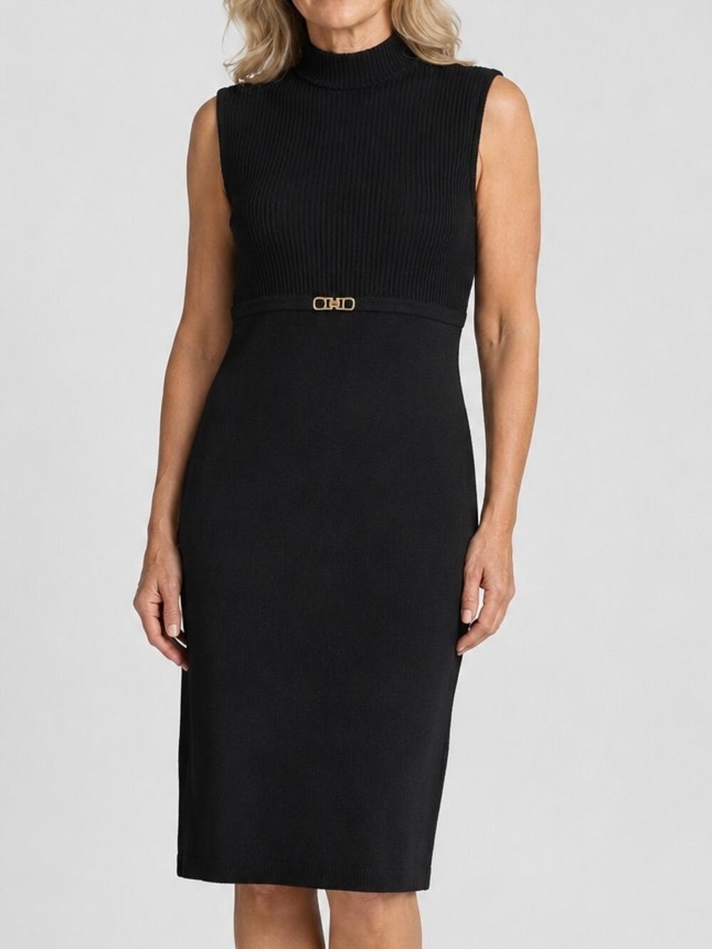 ST JOHN Vintage 90s Y2k Knit Midi Dress Sleeveless Turtleneck Sheath, Black